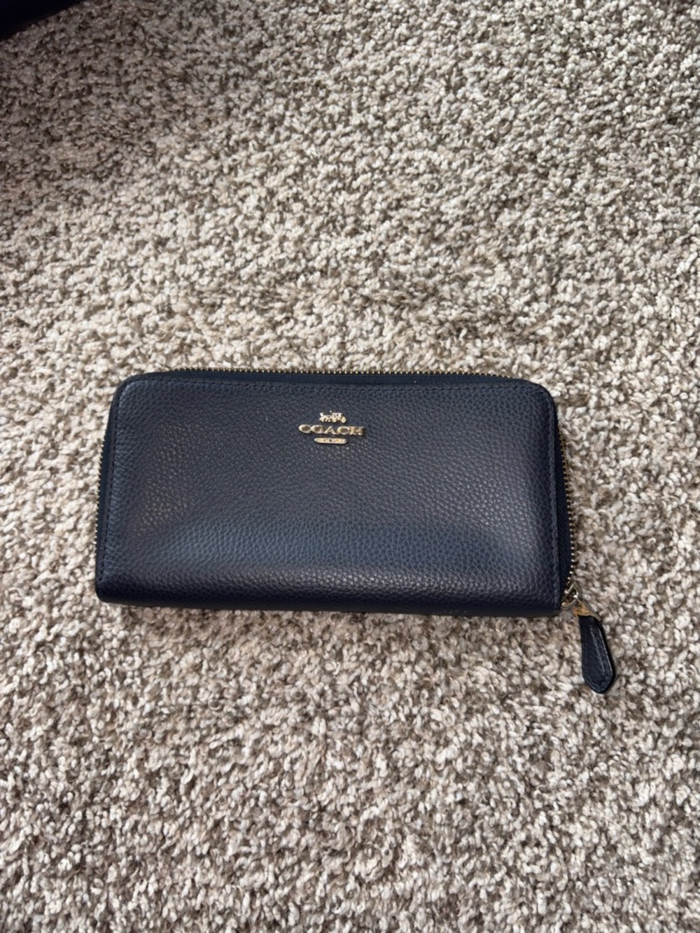 Coach Navy Blue Pebbled Leather Zip Wallet with Gold Tone Logo